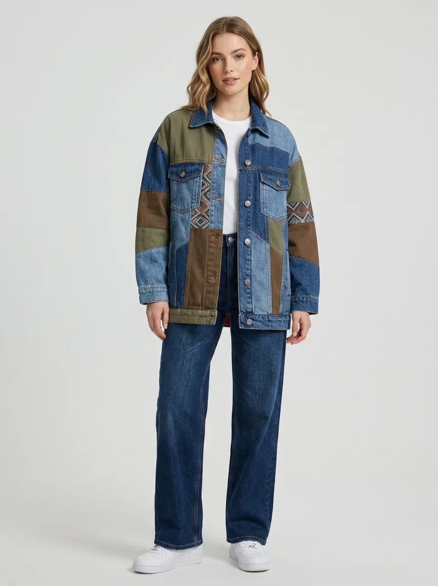Women's Boho Geometric Patchwork Denim Jacket