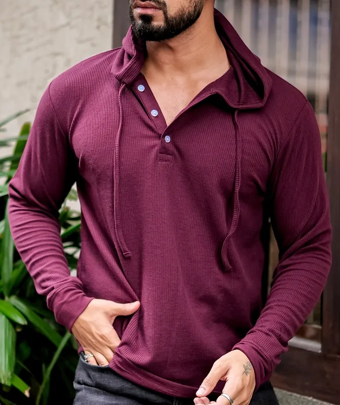 Maroon Ribbed Knit Long Sleeve Henley Shirt