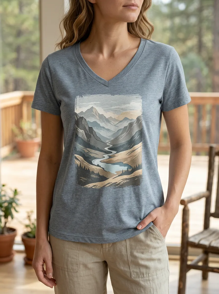 Women's Trail Nature Lover Mountain River Landscape V-Neck T-Shirt