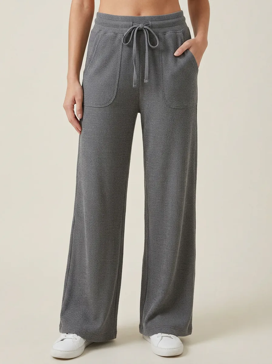 Women's Waffle Knit Drawstring Wide Leg Lounge Pants