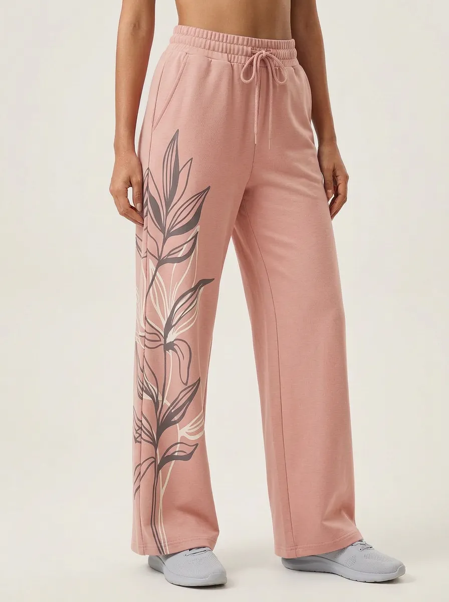 Women's Sage Green Botanical Print Wide-Leg Sweatpants