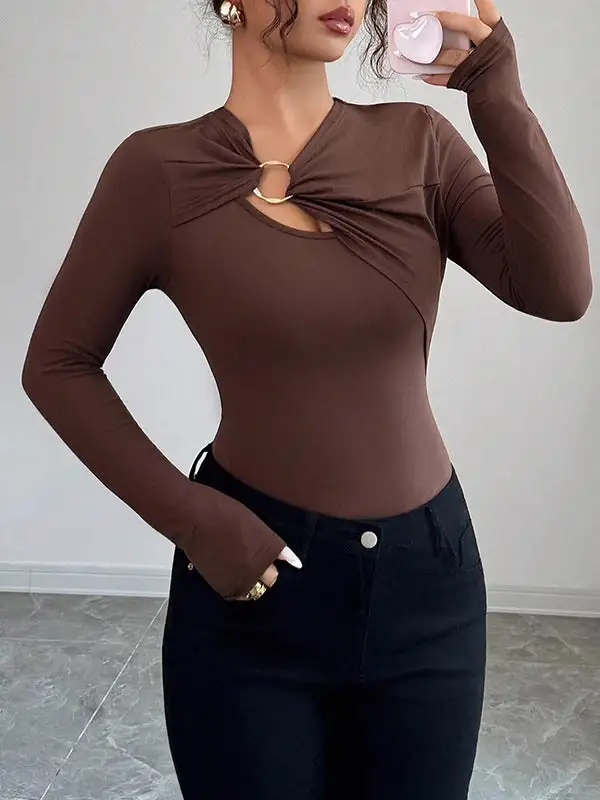Long Sleeve Slim Fit Panel Detail Asymmetric Collar T-Shirt