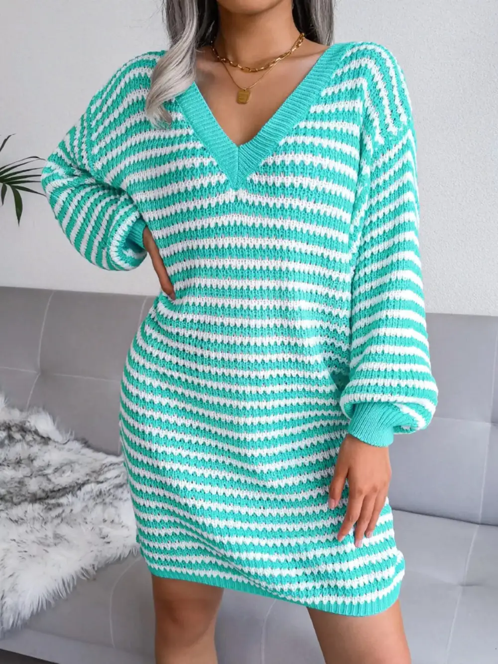 Striped V Neck Long Sleeve Sweater Dress