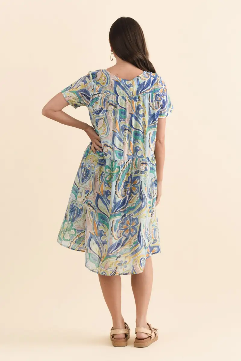 Floral Viscose Pocket Pleated Round-Neck Short-Sleeve Knee-Length Dress