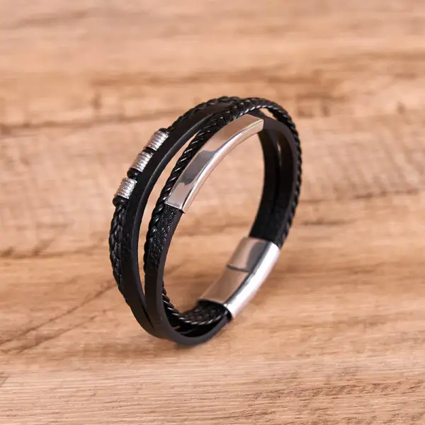 Titanium Steel Leather Hand Woven Magnetic Buckle Bracelet