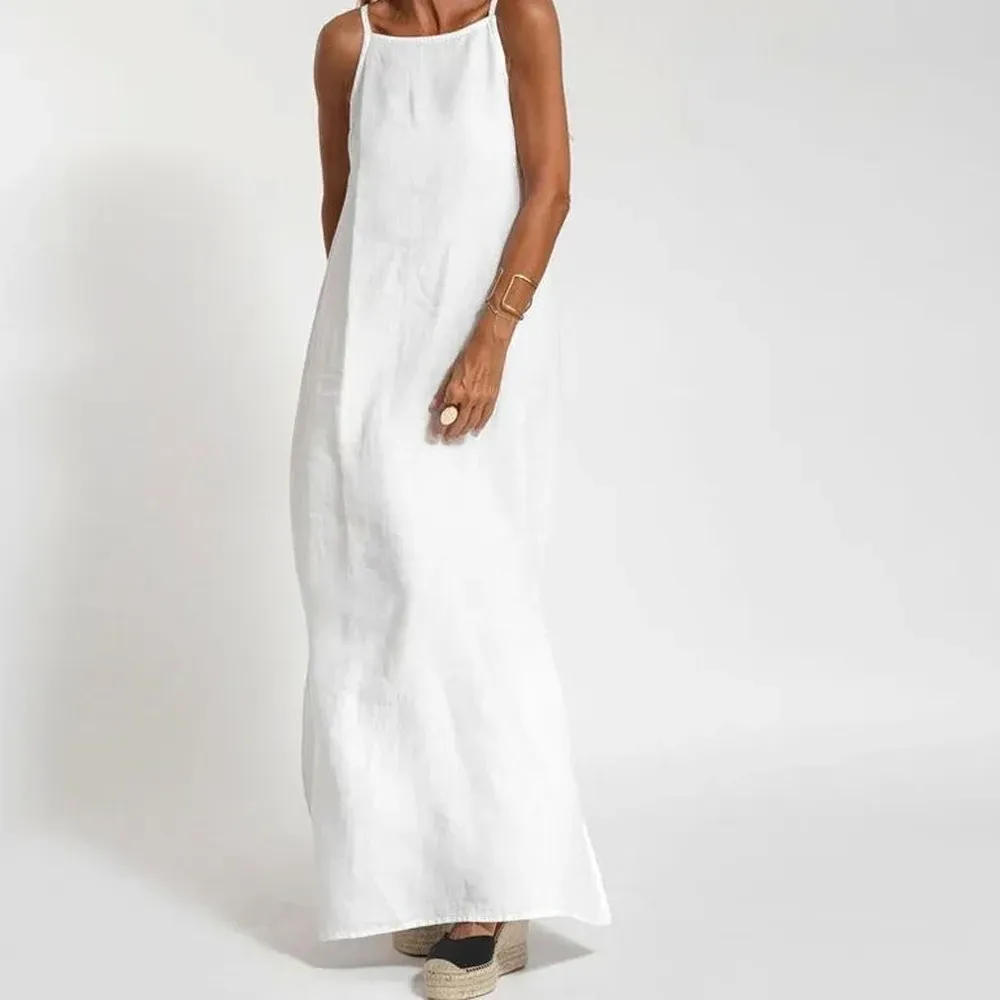 Sleeveless Side Slit Linen Blend Slip Dress