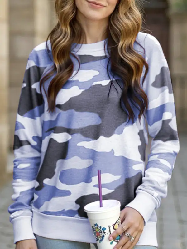 Camouflage Print Crew Neck Long-Sleeved Top