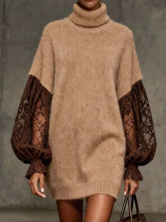 Lace Sleeve Plush Turtleneck Sweater Mini Dress