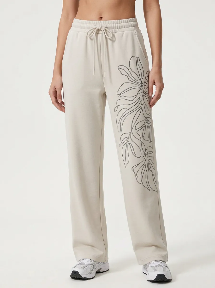 Women's Beige Tonal Leaf Embroidered Sweatpants