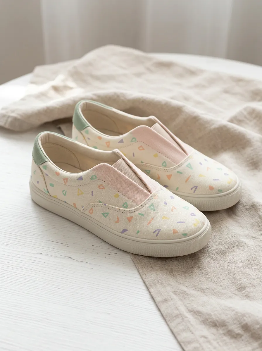 Women's Pastel Geometric Pattern Printed Canvas Slip-on Shoes