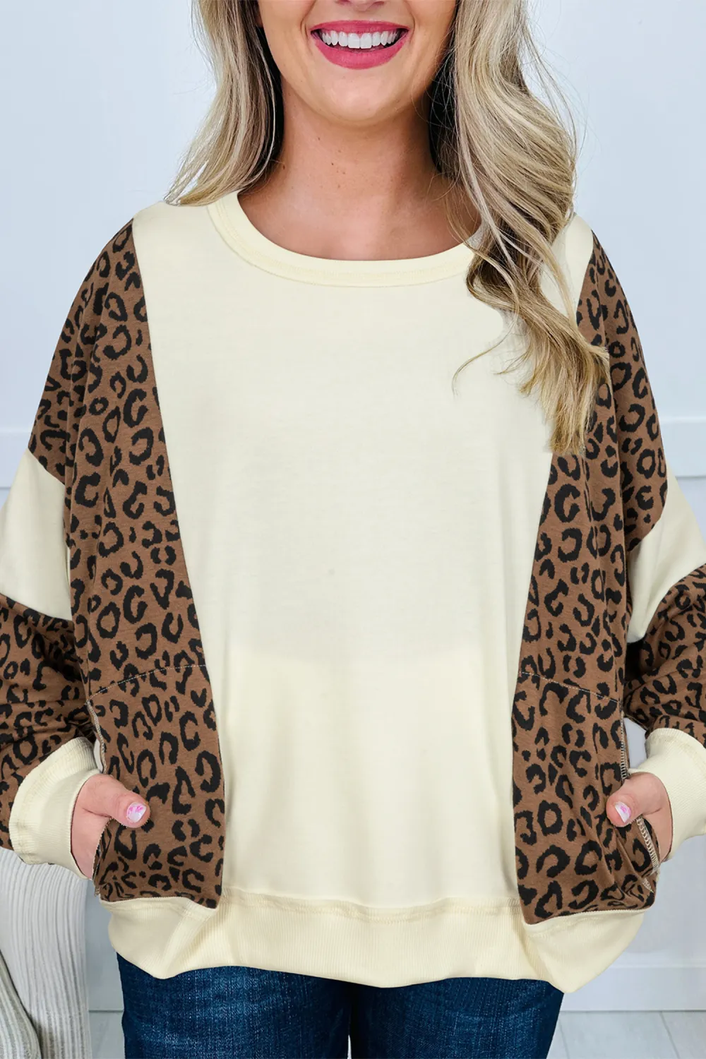 Beige Raw Seam Block Leopard Top