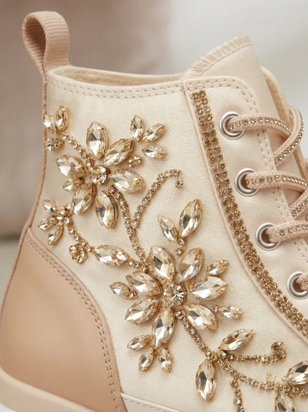 Floral Lace-Detail High-Top Women's Rhinestone Platform Shoes