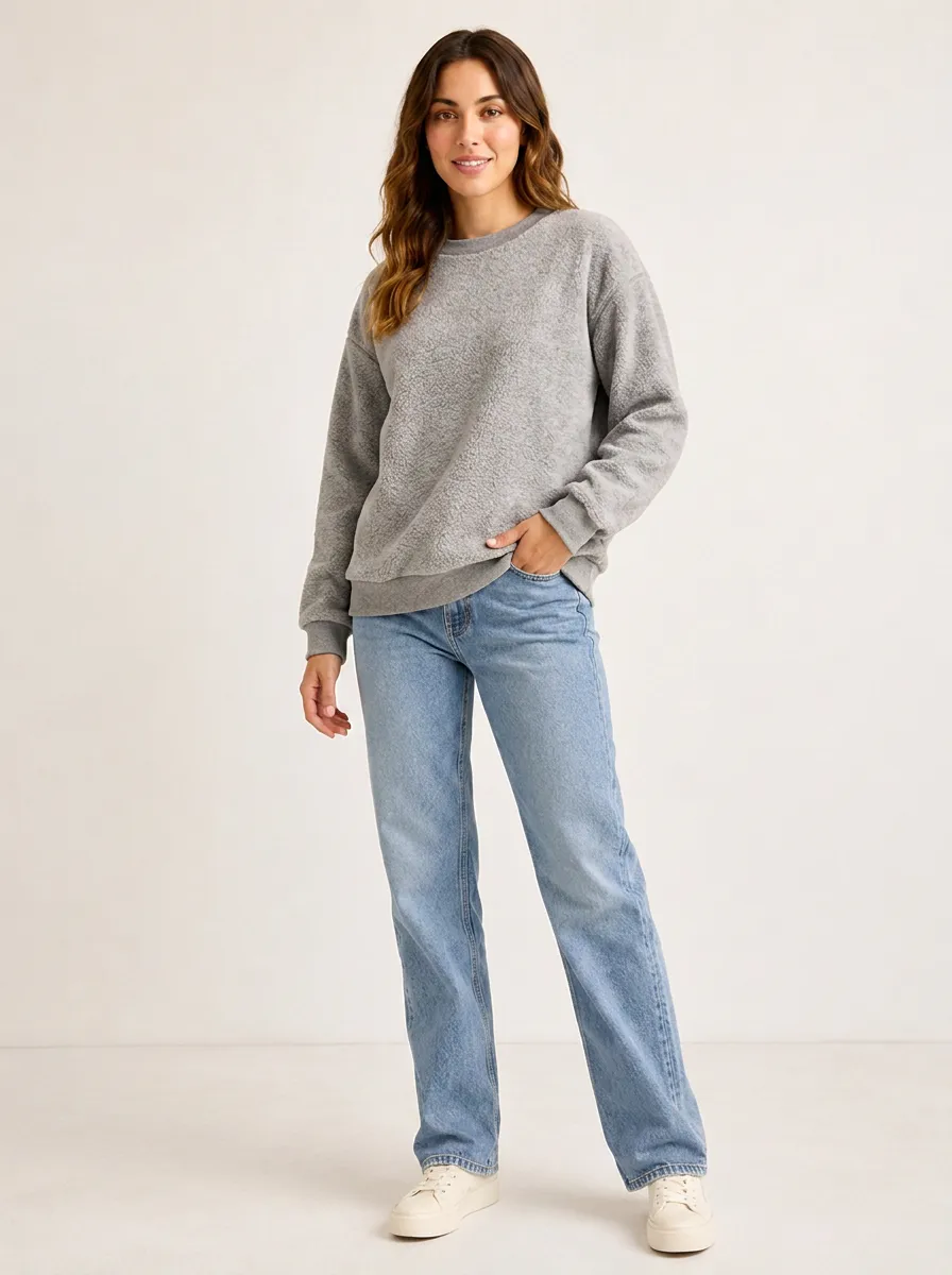 Women's Casual Grey Textured Fleece Crewneck Sweatshirt