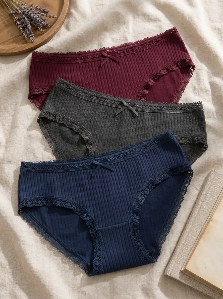 Women's Lace Trim Rib Texture Bow Detail 3-Pack Panty Set