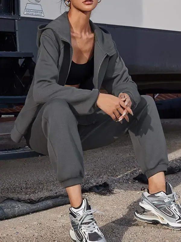 Women's solid color hooded long-sleeved ankle set sports two-piece set
