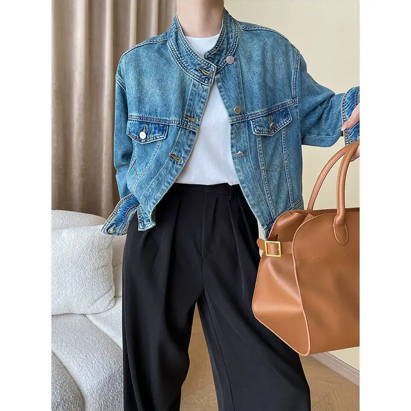 Stand-Collar Denim Casual Outerwear Jacket