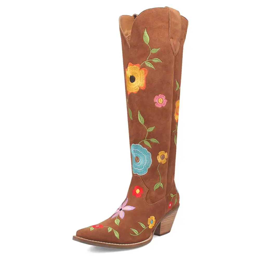 Faux-Suede Embroidered Floral Snip-Toe Over-the-Knee Boots