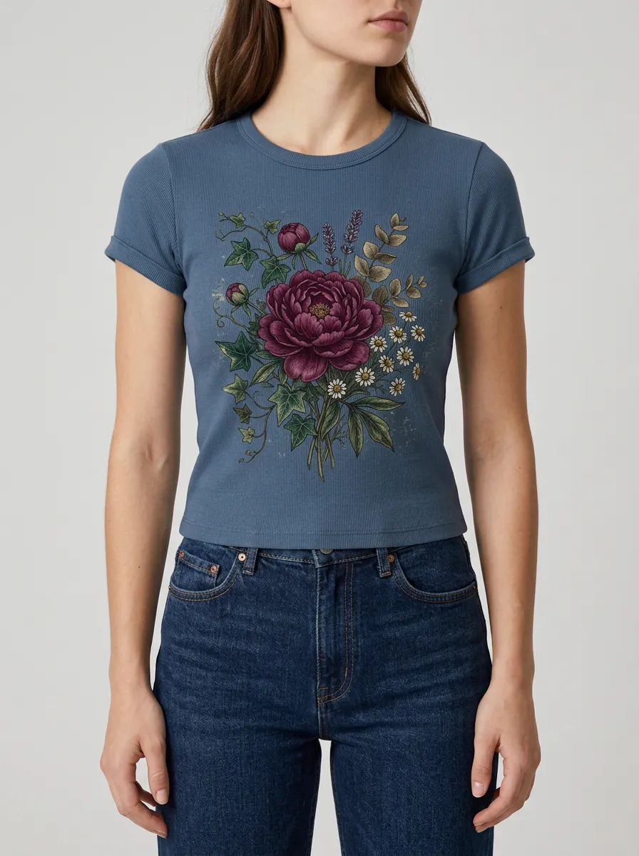 Women's Botanical Lover Peony Daisy Printed Ribbed T-shirt