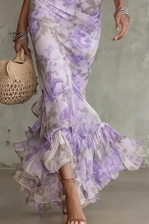 Balanced Romantic Ruffled Ruffle Sleeve And Flowing Maxi Skirt Set
