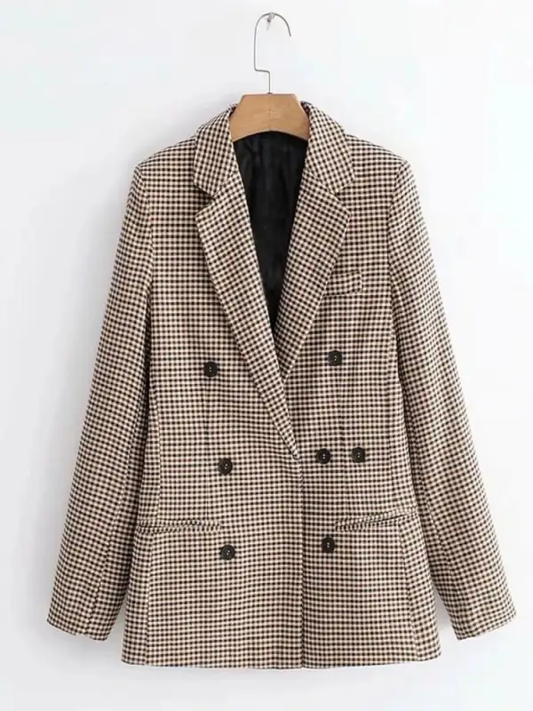 Stretch Double Breasted Plaid Blazer