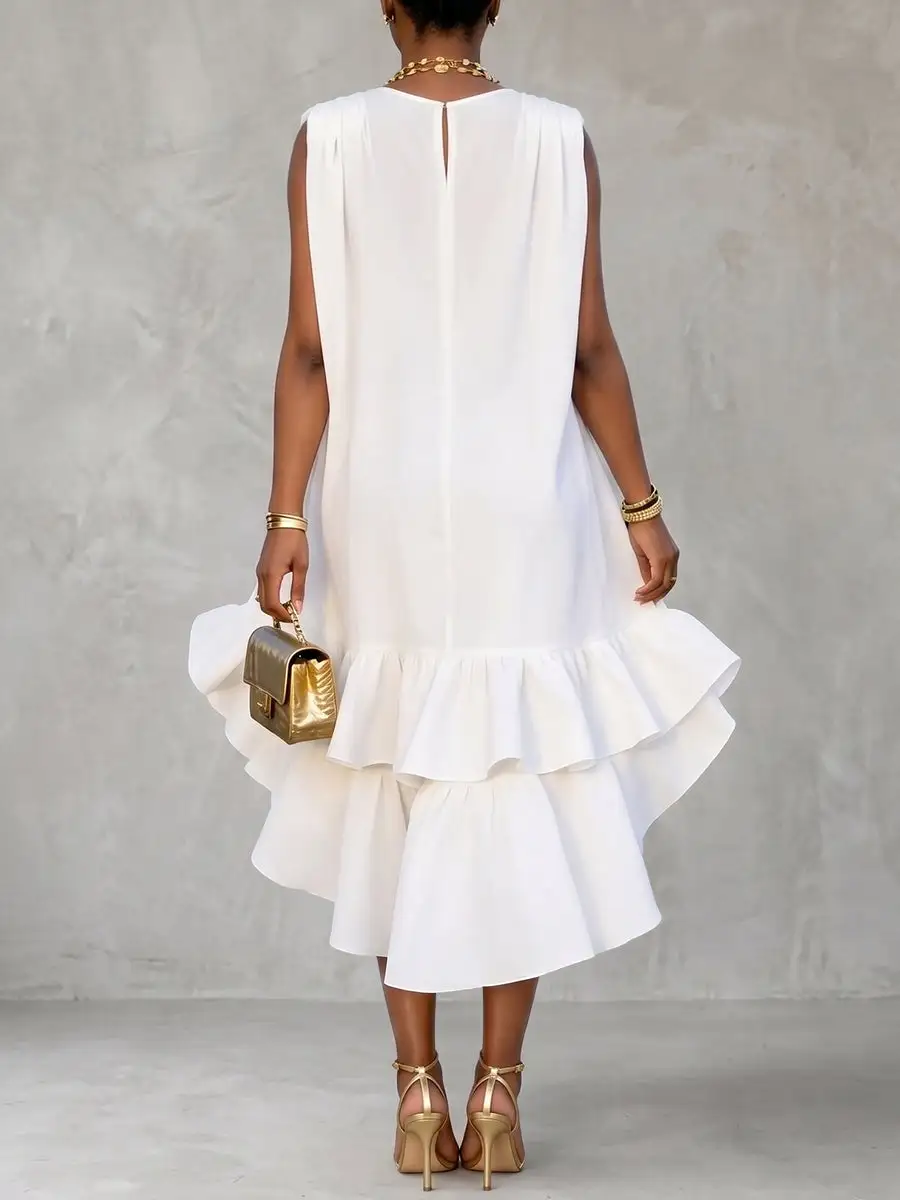 High Low Relaxed Pleated Ruffle Solid Color Deep V Neck Mini