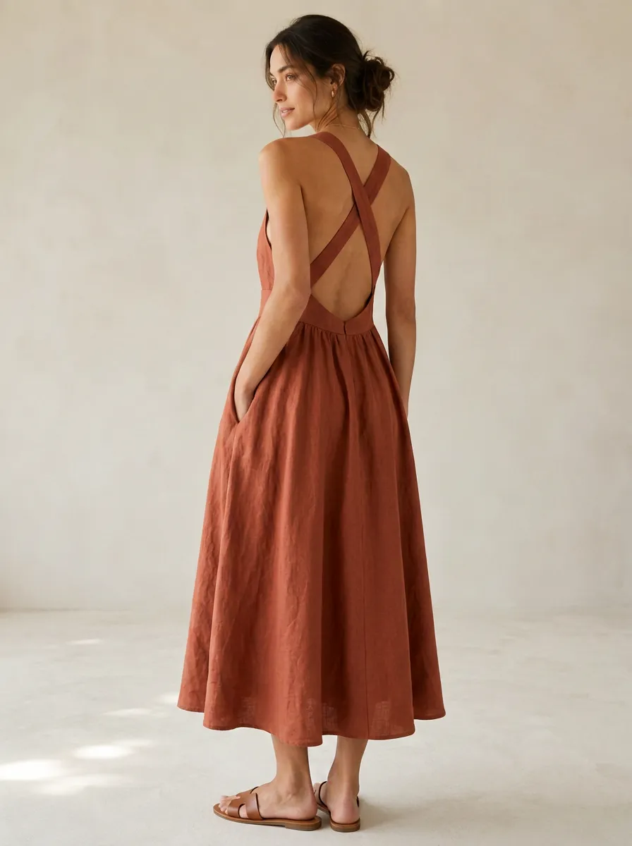 Women's Leisure Casual Cross-Back Linen Backless Dress