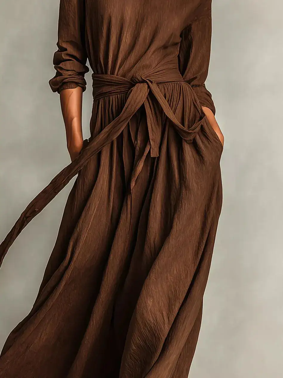 Relaxed Shape Tie Waist Long Sleeve Maxi Dress