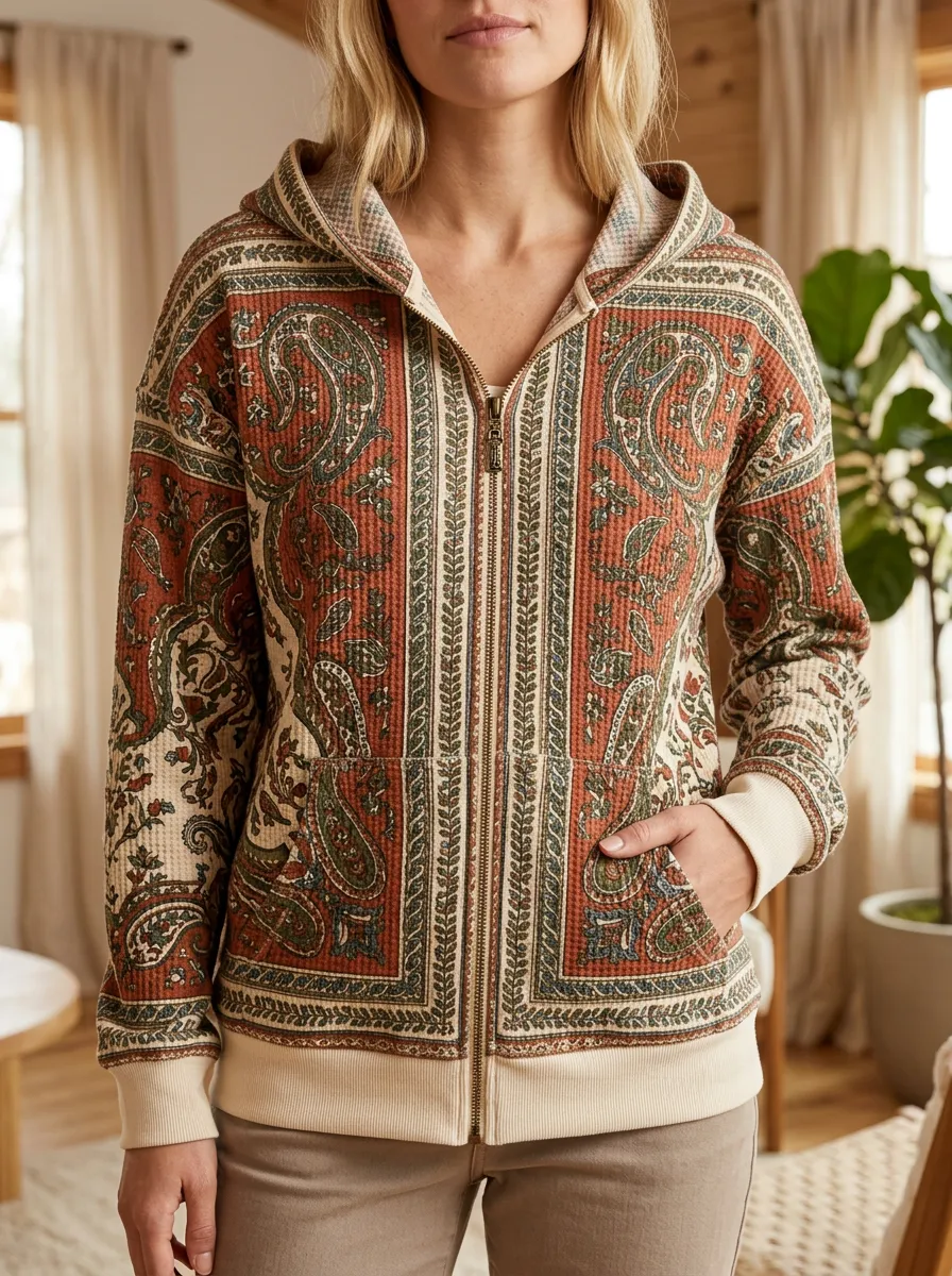 Women's Boho Paisley Pattern Signature Surface Waffle Zip-Up Hoodie