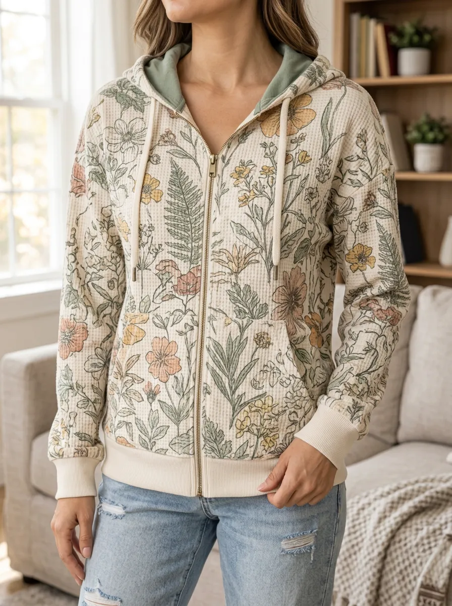 Women's Botanical Floral Signature Print Waffle Zip-Up Hoodie