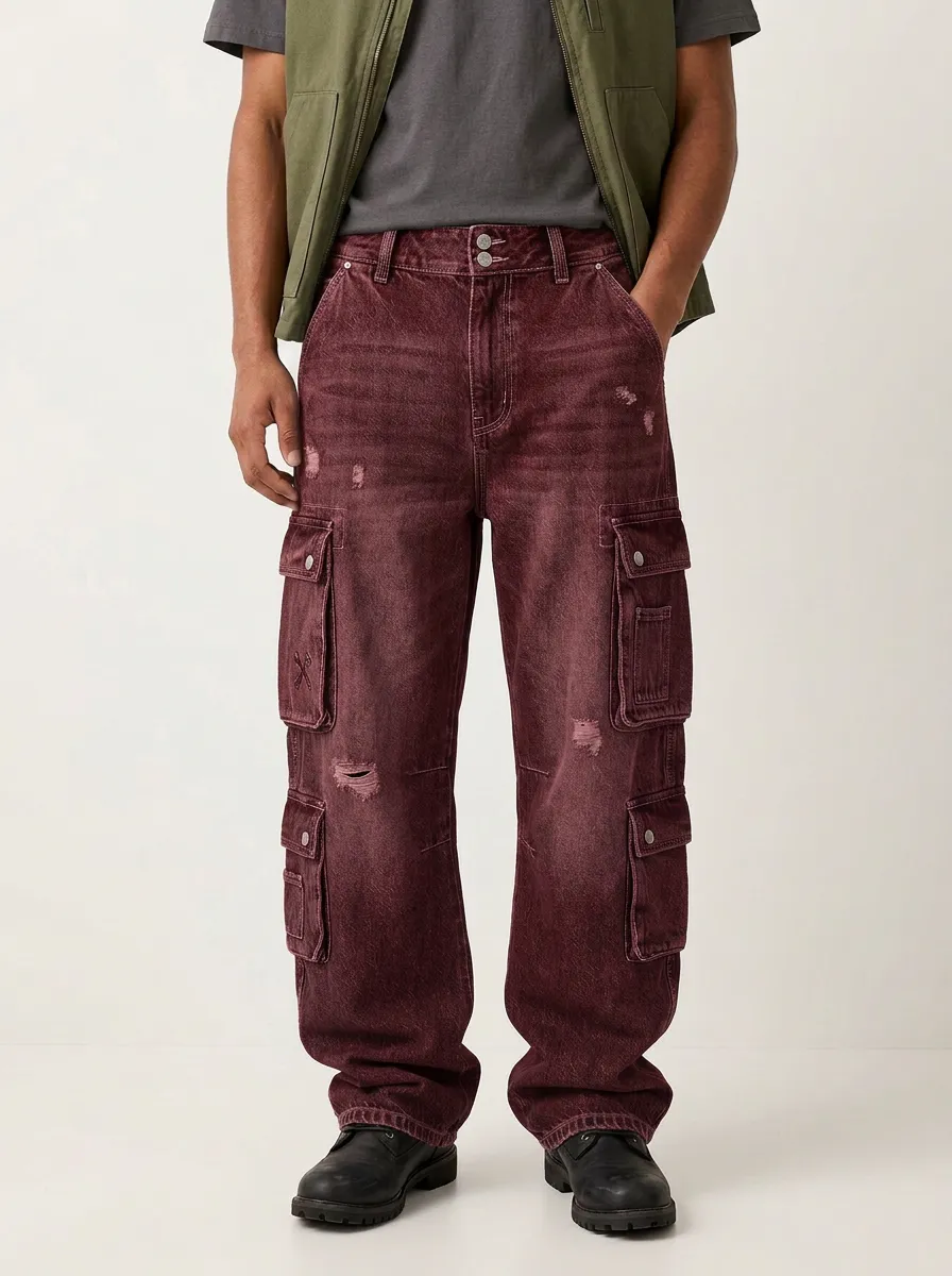 Men's Mid-Blue Distressed Mid Blue Double Button Waist Cargo Pants
