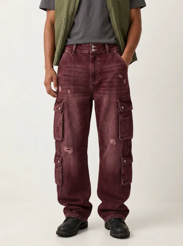 Men's Mid-Blue Distressed Mid Blue Double Button Waist Cargo Pants