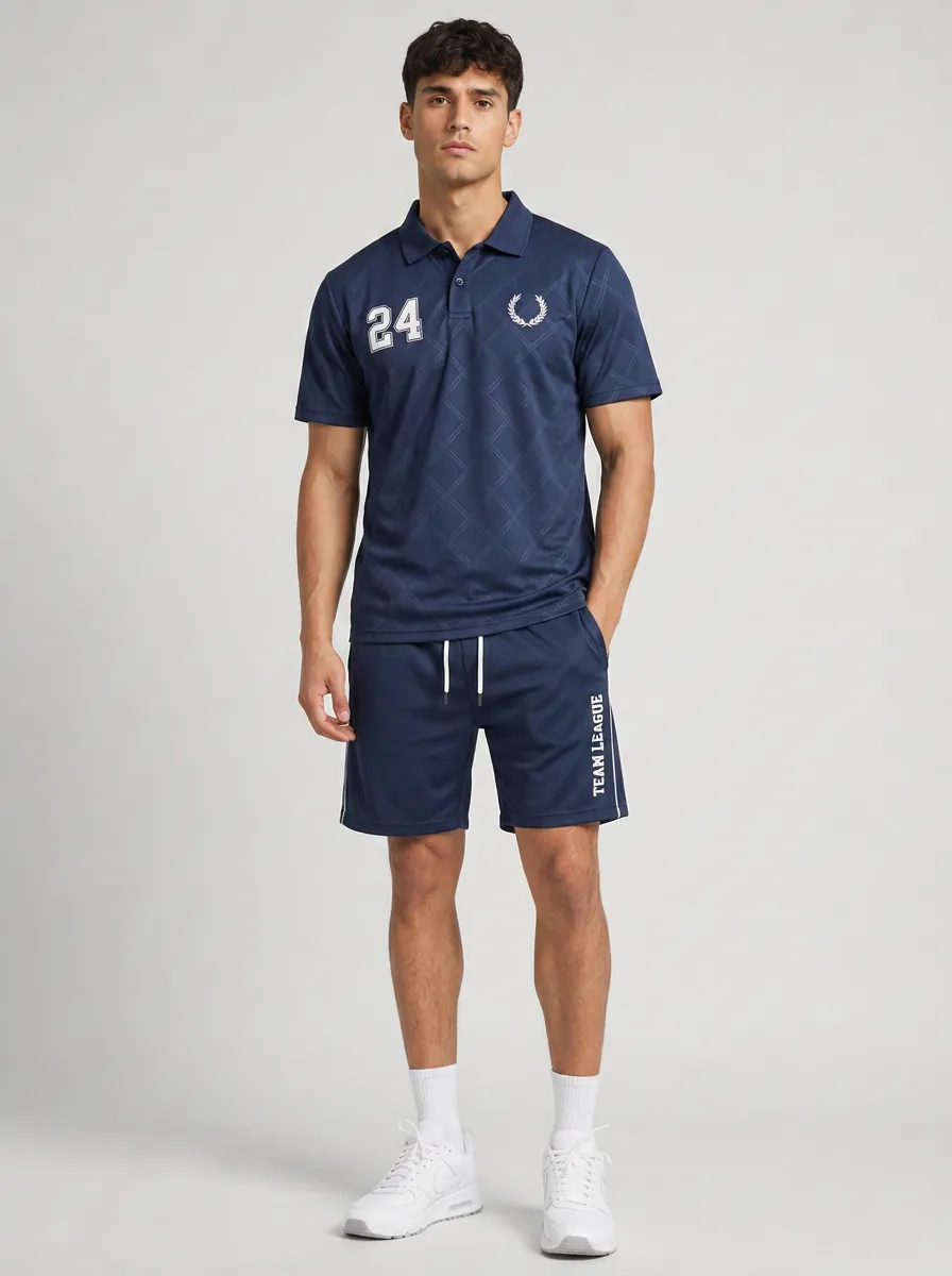 Men's Sporty Team League Number 24 Printed Polo Shirt Shorts Set