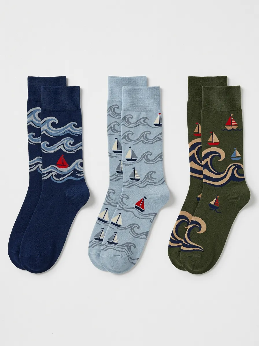 Men's Nautical Sailboat Wave Print Crew Sock Set