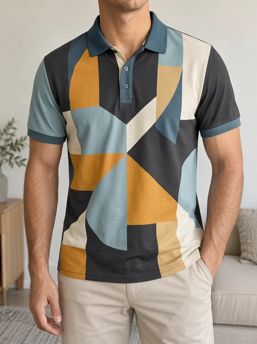 Men's Geometric Abstract Pattern Printed Polo Shirt Modern Casual Style Versatile Daily Style