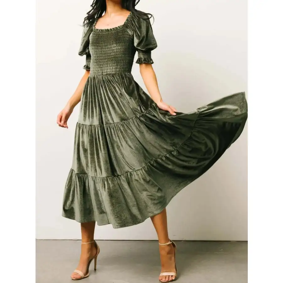 Smocked Half Sleeve Tiered Midi Dress