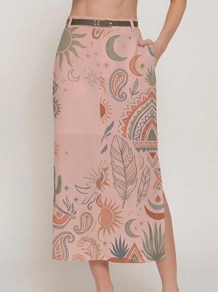 Women's Boho Celestial Sun Moon Feather Printed Midi Skirt