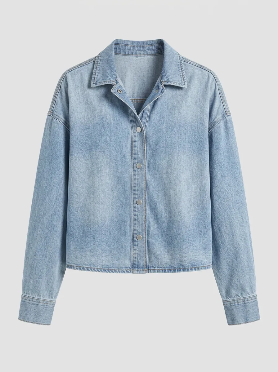 Women's Down Shirt Casual Light Wash Denim Button