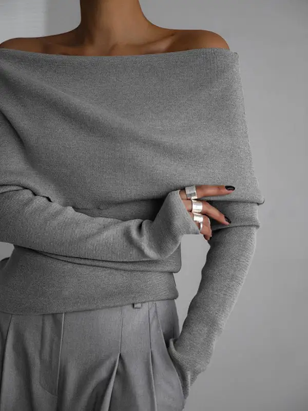 Off Shoulder Long Sleeve Relaxed Fit Pullover Sweater