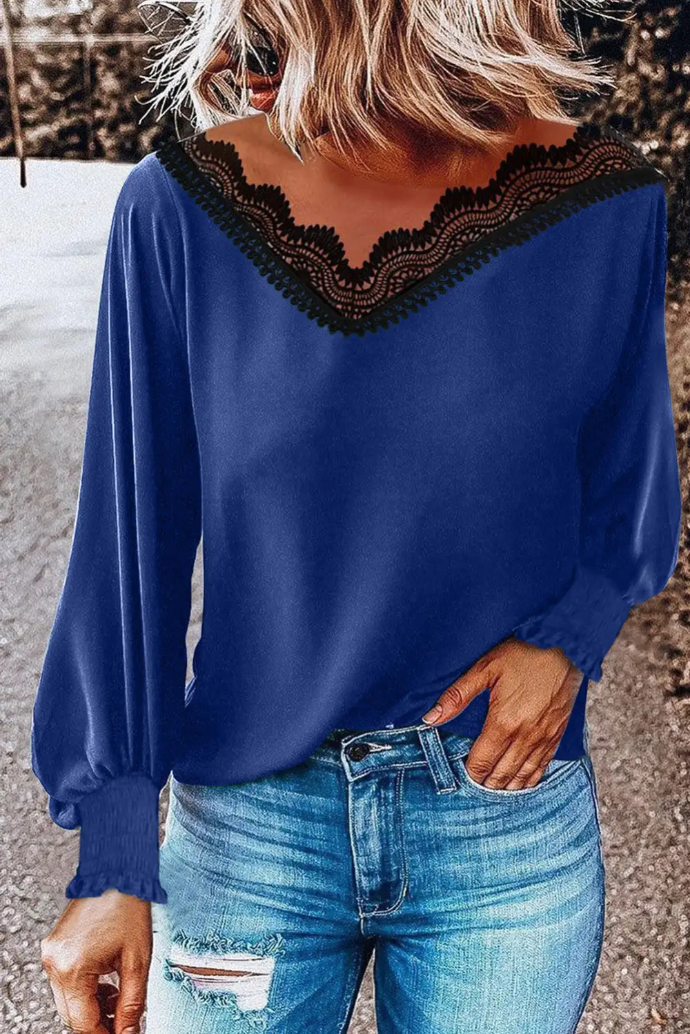 V Neck Lace Patchwork Blouse