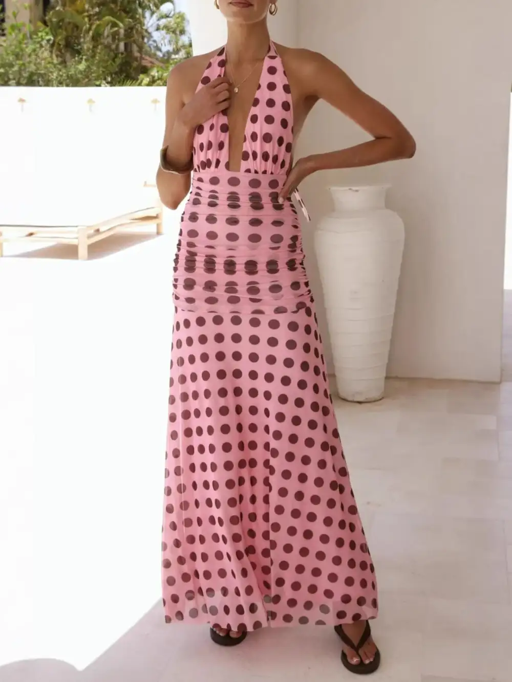 Polka Dot Ruched Maxi Dress