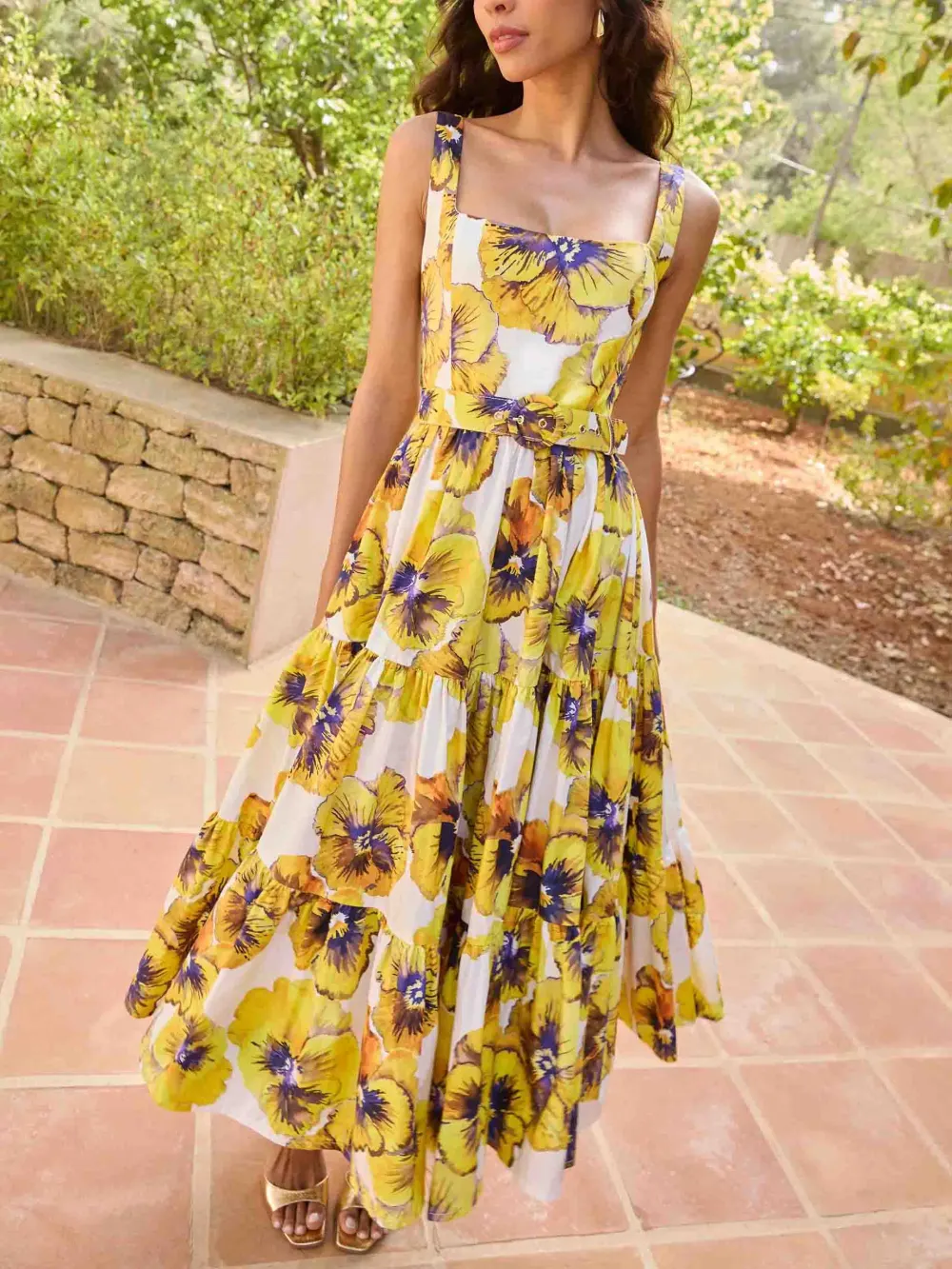 Elegant Pansy Print Midi Dress