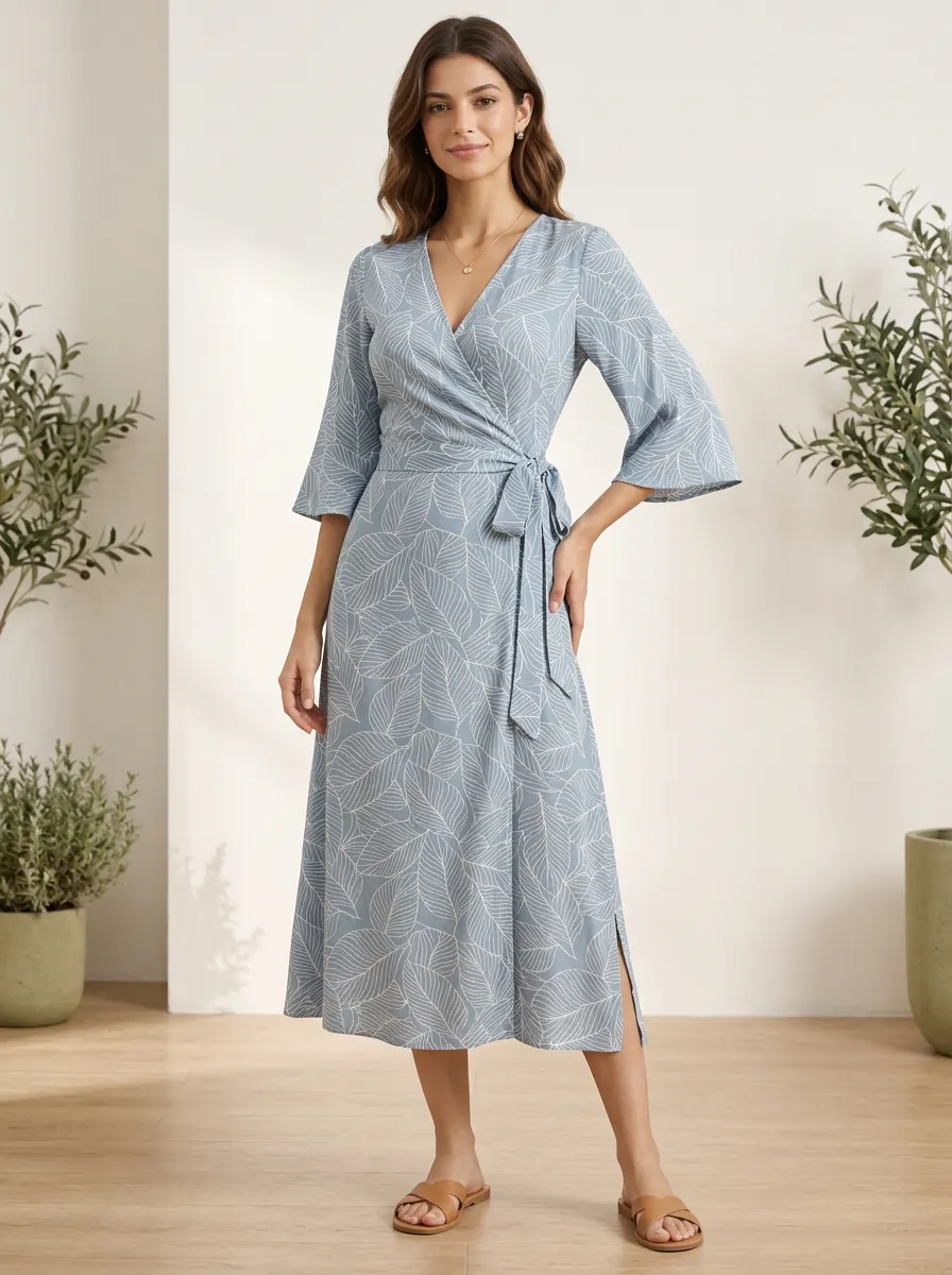 Women's Retro Detail Botanical Leaf Wrap Printed Dress