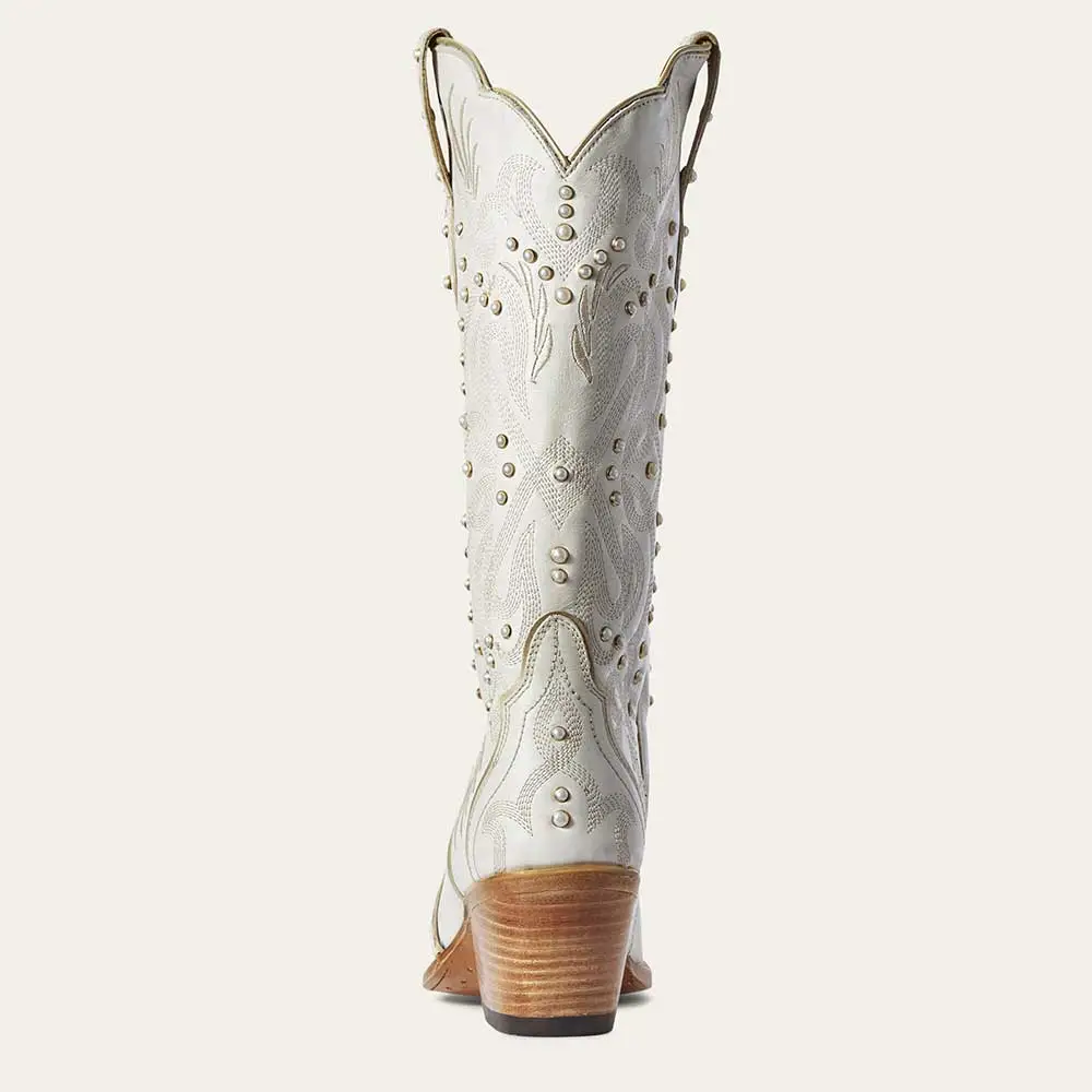 Faux-Leather Embroidered Snip-Toe Chunky-Heel Mid-Calf Boots
