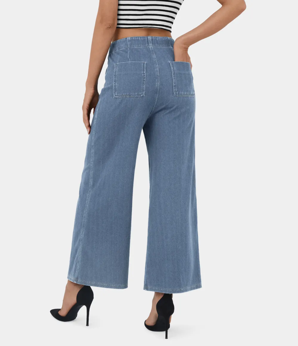 Magic High Waisted Button Pockets Washed Stretchy Knit Casual Wide Leg Jeans