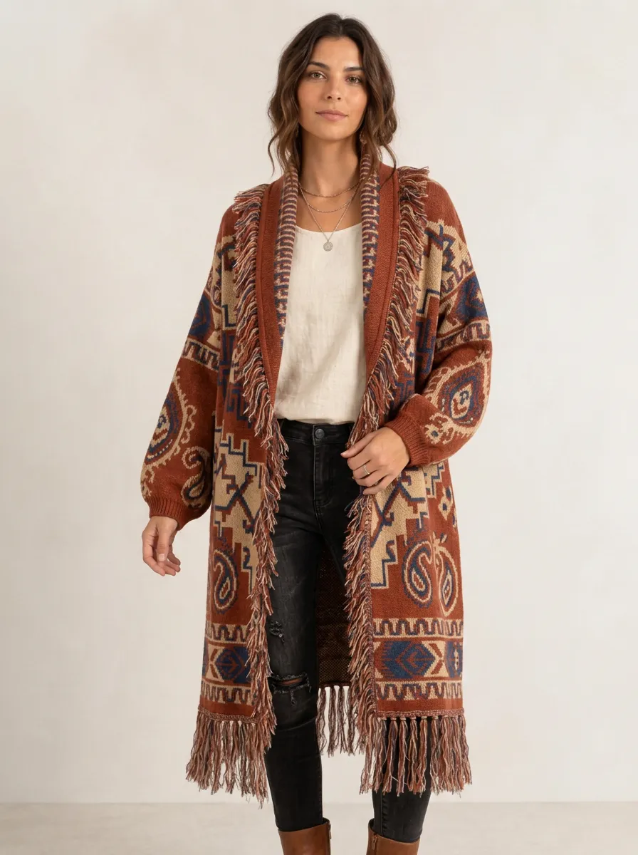 Women's Boho Tribal Pattern Fringe Trim Knitted Cardigan