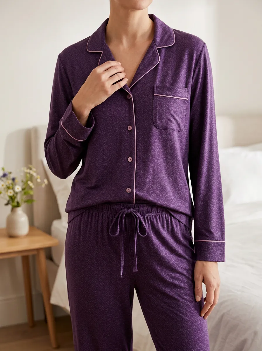 Women's Geometric Button Front Long Sleeve Contrast Piping Pajama Top