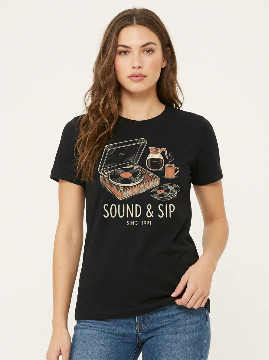 Women's Music Coffee Lover Vinyl Record Sound & Sip Printed T-shirt