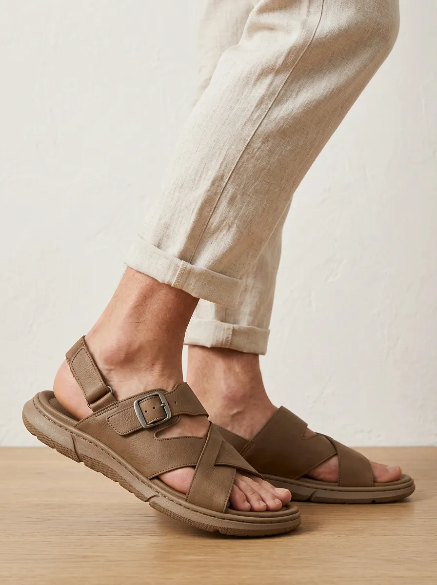 Men's Casual Brown Leather Buckle Strap Sandals