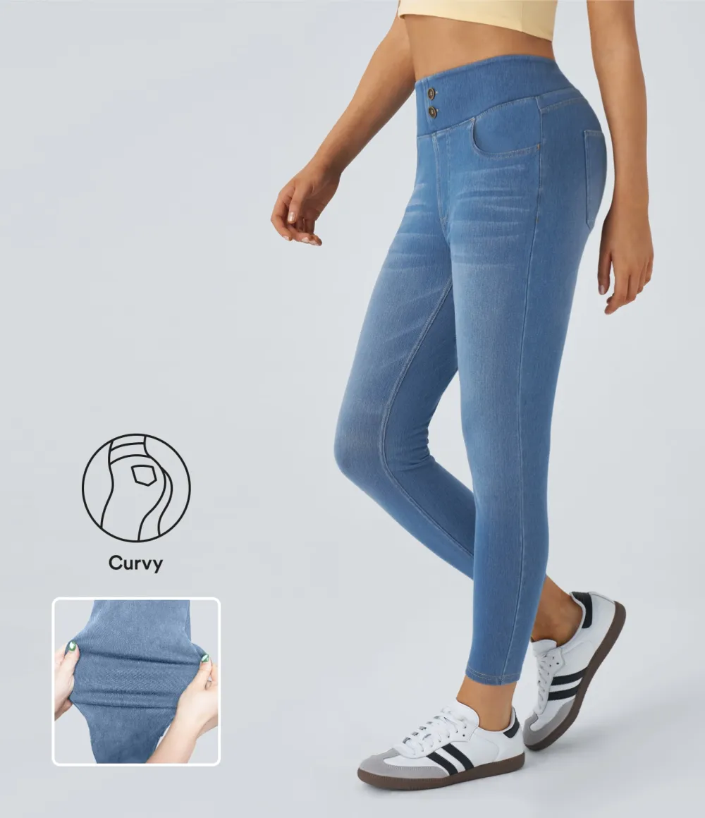 Magic Curvy High Waisted Decorative Button Multiple Pockets Washed Stretchy Knit Casual 7/8 Jeans