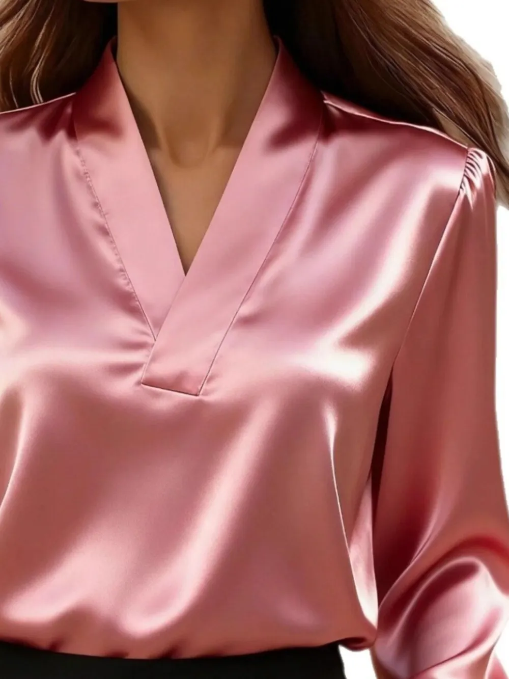 V-Neck Long Sleeve Satin Blouse